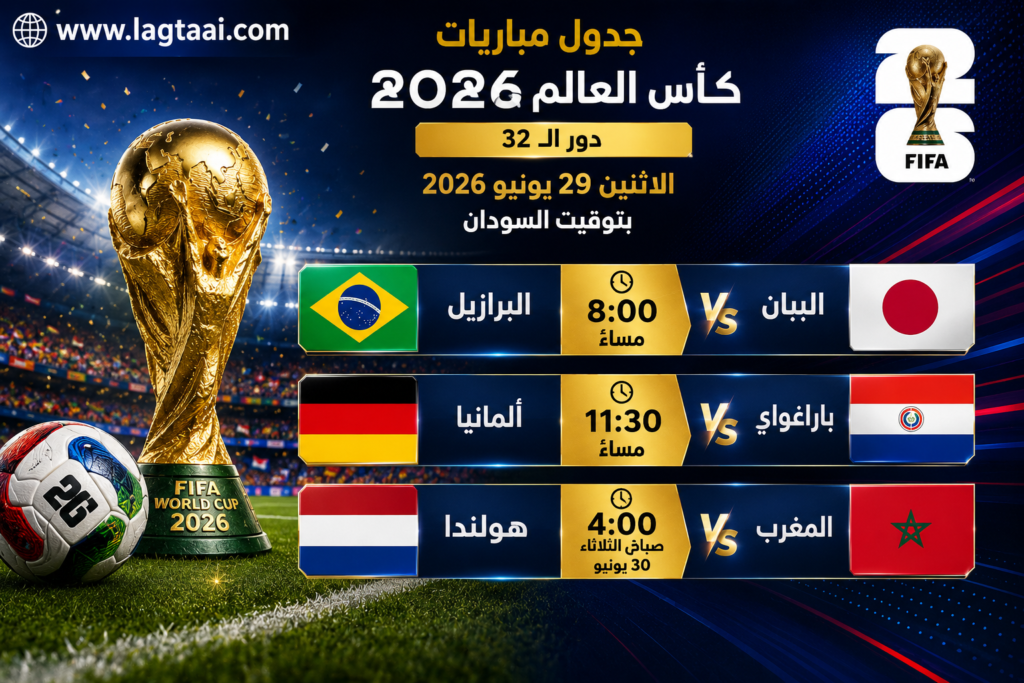 بوستر جدول مباريات مونديال كاس العالم لليوم الاثنين 2026/6/29 بتوقيت السودان 