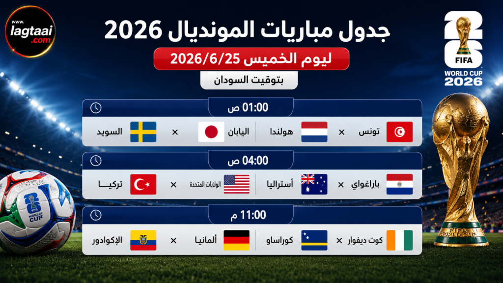 بوستر جدول مباريات المونديال لليوم الخميس 2026/6/25 بتوقيت السودان 