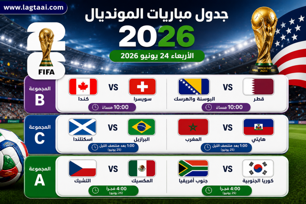 بوستر جدول مباريات المونديال لليوم الأربعاء الموافق 2026/6/24 بتوقيت السودان 🇸🇩