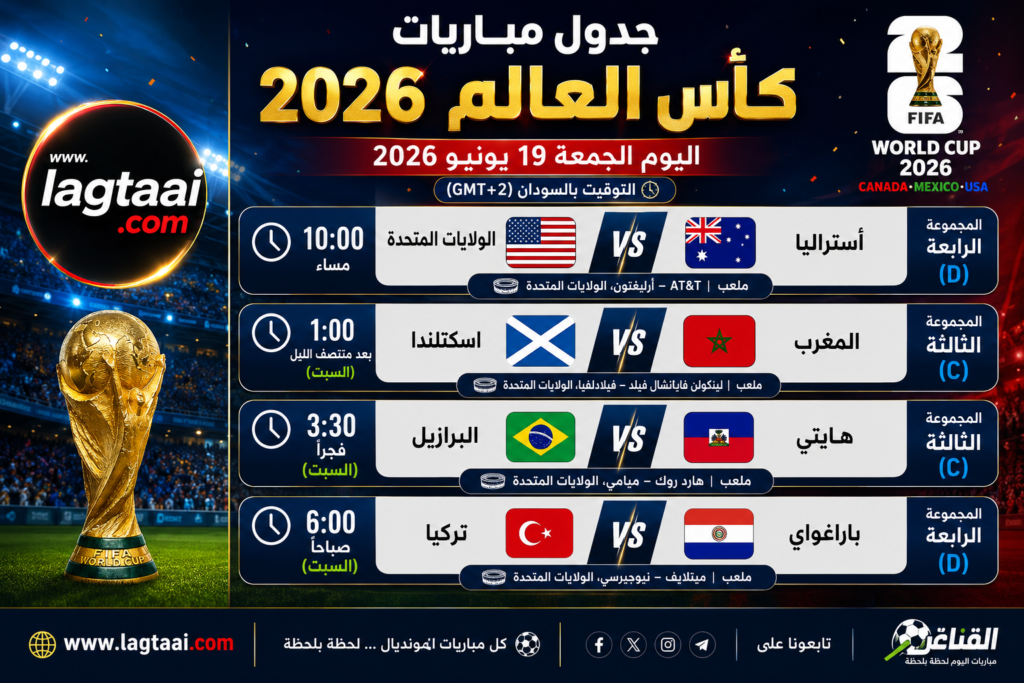 جدول مباريات المونديال اليوم الجمعة 2026/6/19. بتوقيت السودان ..