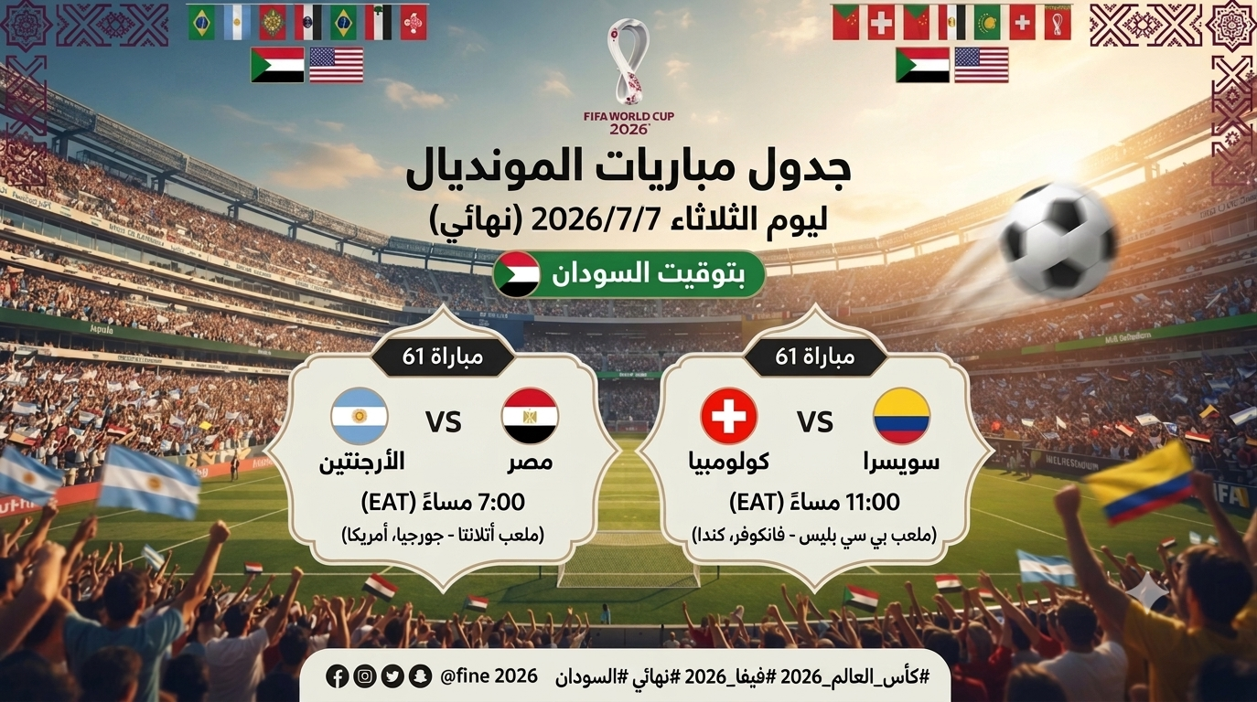 جدول مباريات المونديال لليوم الثلاثاء 2026/7/7 بتوقيت السودان 🇸🇩 