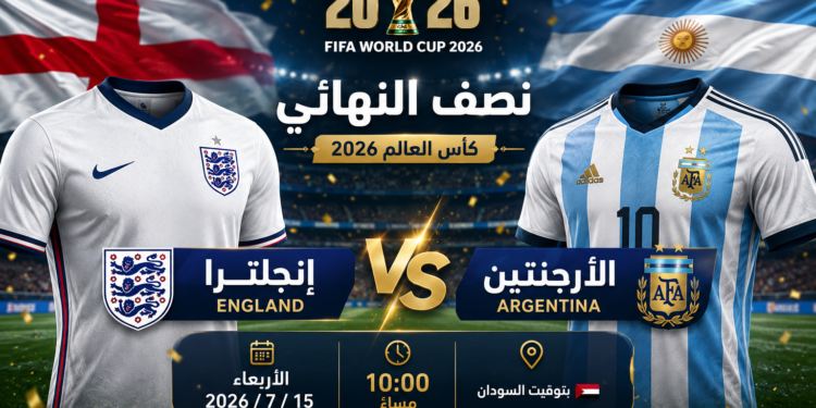 بوستر جدول نصف نهائي مونديال كاس العالم لليوم الأربعاء 2026/7/15 بين إنجلترا و الأرجنتين بتوقيت السودان 🇸🇩 
